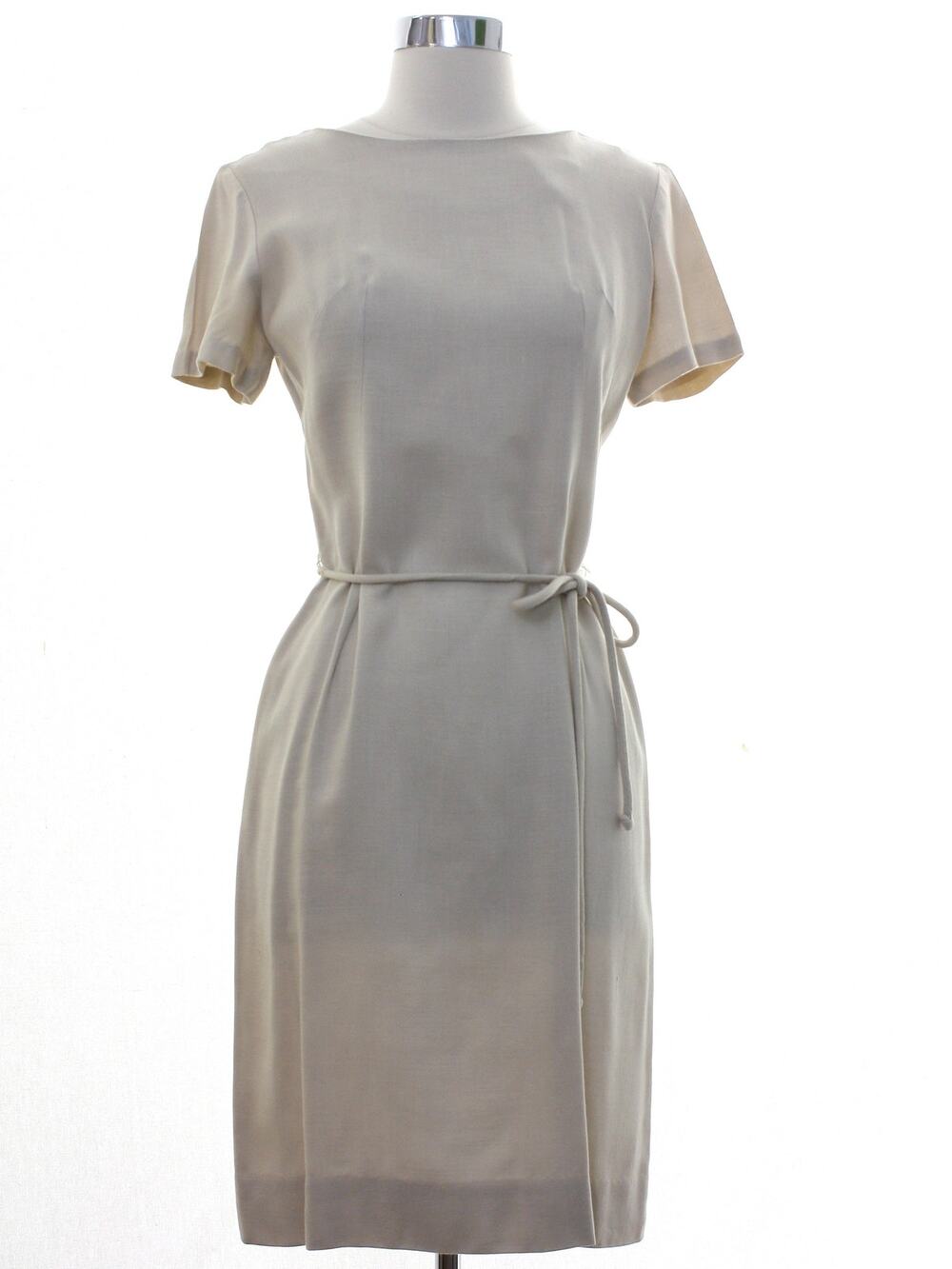 Vintage 1960s Odette Linen Blend Sheath Dress Beige Belted Women's XS